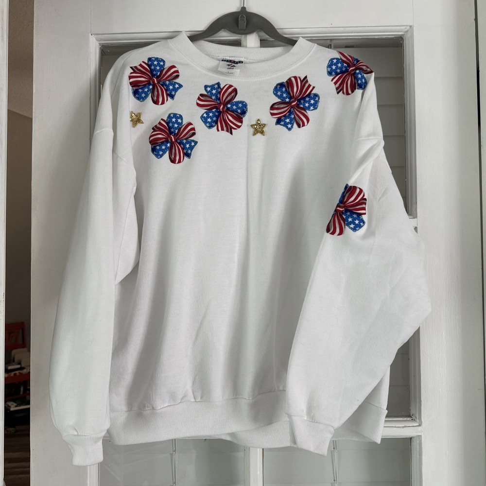 Jerzees USA American Flag Stars Vintage Sweater Women's XL Patriotic Glitter